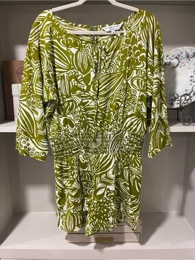 Trina Turk Green & White Printed Cinched-Waist Romper